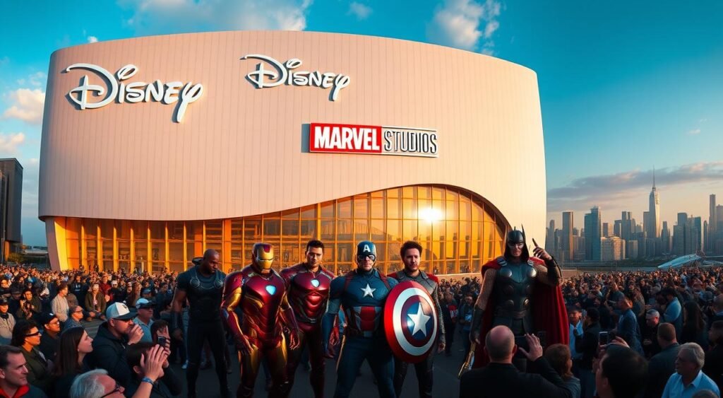 A panoramic shot of a sleek, modern building with the iconic Disney and Marvel logos prominently displayed on the facade. The structure is bathed in a warm, golden light, casting long shadows that suggest a cinematic feel. In the foreground, a group of Marvel superheroes - including Iron Man, Captain America, and Thor - stand in a heroic pose, their costumes and expressions conveying a sense of power and determination. In the middle ground, a crowd of fans and media representatives gather, their phones and cameras capturing the moment. The background is filled with a bustling city skyline, hinting at the global reach and impact of the Marvel Studios Disney+ content. A panoramic shot of a sleek, modern building with the iconic Disney and Marvel logos prominently displayed on the facade. The structure is bathed in a warm, golden light, casting long shadows that suggest a cinematic feel. In the foreground, a group of Marvel superheroes - including Iron Man, Captain America, and Thor - stand in a heroic pose, their costumes and expressions conveying a sense of power and determination. In the middle ground, a crowd of fans and media representatives gather, their phones and cameras capturing the moment. The background is filled with a bustling city skyline, hinting at the global reach and impact of the Marvel Studios Disney+ content.