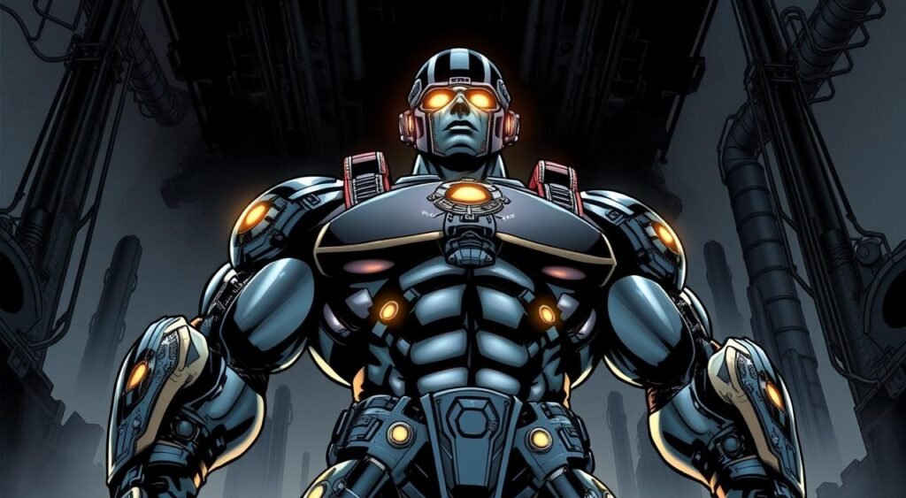 A powerful, imposing figure stands at the center of the frame, adorned in a gleaming, technological exoskesuit. Intricate patterns and machinery cover his muscular, humanoid form, hinting at his advanced, enhanced nature. His head is encased in a domed helmet, reflecting an array of lights that cast an otherworldly glow. Towering over the viewer, his posture is one of determination and purpose, conveying a sense of unwavering resolve. The background is a shadowy, industrial landscape, with towering structures and machinery hinting at a futuristic, high-tech setting. The lighting is dramatic, creating deep shadows and highlights that accentuate the figure's imposing presence and the foreboding atmosphere. The overall tone is one of power, ambition, and an unflinching dedication to a singular, driving goal. A powerful, imposing figure stands at the center of the frame, adorned in a gleaming, technological exoskesuit. Intricate patterns and machinery cover his muscular, humanoid form, hinting at his advanced, enhanced nature. His head is encased in a domed helmet, reflecting an array of lights that cast an otherworldly glow. Towering over the viewer, his posture is one of determination and purpose, conveying a sense of unwavering resolve. The background is a shadowy, industrial landscape, with towering structures and machinery hinting at a futuristic, high-tech setting. The lighting is dramatic, creating deep shadows and highlights that accentuate the figure's imposing presence and the foreboding atmosphere. The overall tone is one of power, ambition, and an unflinching dedication to a singular, driving goal.