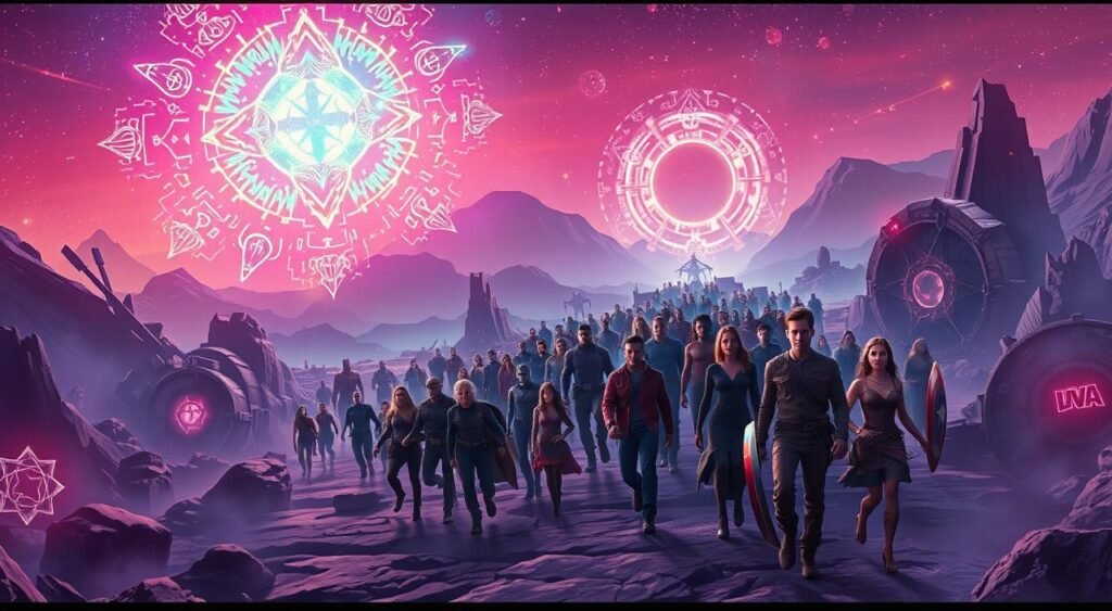 A sprawling cinematic landscape, bathed in an ethereal, neon-tinged atmosphere. In the foreground, a vibrant, holographic projection of the iconic "What If...?" logo pulsates with a mesmerizing energy, hinting at the multiversal possibilities to come. Surrounding it, a kaleidoscope of dynamic, abstract shapes and glyphs swirl and collide, suggesting the intertwining narratives and narrative branches that will unfold in the anticipated second season. In the middle ground, a parade of familiar Marvel characters - each with a unique, otherworldly twist - move through the frame, their expressions and poses hinting at the unexpected adventures and alternate timelines that await. Finally, in the distant background, a shimmering wormhole or portal opens, teasing the boundless realms and infinite variations of the Marvel Multiverse that will be explored. The overall composition conveys a sense of boundless imagination, cinematic grandeur, and the thrill of the unknown. A sprawling cinematic landscape, bathed in an ethereal, neon-tinged atmosphere. In the foreground, a vibrant, holographic projection of the iconic "What If...?" logo pulsates with a mesmerizing energy, hinting at the multiversal possibilities to come. Surrounding it, a kaleidoscope of dynamic, abstract shapes and glyphs swirl and collide, suggesting the intertwining narratives and narrative branches that will unfold in the anticipated second season. In the middle ground, a parade of familiar Marvel characters - each with a unique, otherworldly twist - move through the frame, their expressions and poses hinting at the unexpected adventures and alternate timelines that await. Finally, in the distant background, a shimmering wormhole or portal opens, teasing the boundless realms and infinite variations of the Marvel Multiverse that will be explored. The overall composition conveys a sense of boundless imagination, cinematic grandeur, and the thrill of the unknown.