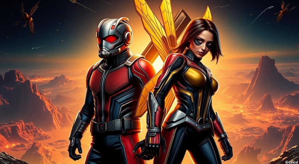A striking, cinematic image of Ant-Man and the Wasp in a dramatic, heroic pose, illuminated by a warm, golden light. The two superheroes stand side-by-side, their costumes detailed and vibrant, capturing their unique personalities and abilities. The background is a captivating, expansive, and visually striking Quantum Realm landscape, with a sense of depth and scale that immerses the viewer. The composition is dynamic, with the characters positioned in a way that suggests their close partnership and teamwork. The overall mood is one of determination, power, and the potential for adventure and discovery. Uma imagem cinematográfica impressionante do Homem-Formiga e a Vespa em uma pose dramática e heroica, iluminada por uma luz quente e dourada. Os dois super-heróis estão lado a lado, com seus trajes detalhados e vibrantes, capturando suas personalidades e habilidades únicas. O cenário é uma paisagem cativante, expansiva e visualmente impressionante do Reino Quântico, com uma sensação de profundidade e escala que envolve o espectador. A composição é dinâmica, com os personagens posicionados de uma forma que sugere sua estreita parceria e trabalho em equipe. O clima geral é de determinação, poder e potencial para aventura e descoberta.