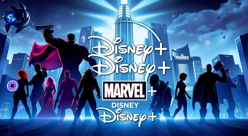 A vibrant and dynamic Marvel Disney+ series collage, showcasing the iconic characters and logos against a stylized futuristic backdrop. The foreground features the silhouettes of various Marvel superheroes in heroic poses, rendered in a high-contrast, neon-infused color palette. The middle ground displays the iconic Disney+ logo and the Marvel Studios insignia, seamlessly blended together. In the background, a towering, angular cityscape with gleaming skyscrapers and a moody, atmospheric lighting creates a sense of scale and grandeur. The overall composition conveys a sense of excitement, anticipation, and the epic scope of the Marvel Cinematic Universe's continued expansion on the Disney+ platform. Uma colagem vibrante e dinâmica da série Marvel Disney+, exibindo os personagens e logotipos icônicos em um cenário futurista estilizado. O primeiro plano apresenta as silhuetas de vários super-heróis da Marvel em poses heroicas, renderizadas em uma paleta de cores de alto contraste com neon. O plano central exibe o icônico logotipo do Disney+ e a insígnia da Marvel Studios, perfeitamente integrados. Ao fundo, uma paisagem urbana imponente e angular com arranha-céus reluzentes e uma iluminação atmosférica e sombria cria uma sensação de escala e grandiosidade. A composição geral transmite uma sensação de entusiasmo, expectativa e o alcance épico da expansão contínua do Universo Cinematográfico Marvel na plataforma Disney+.