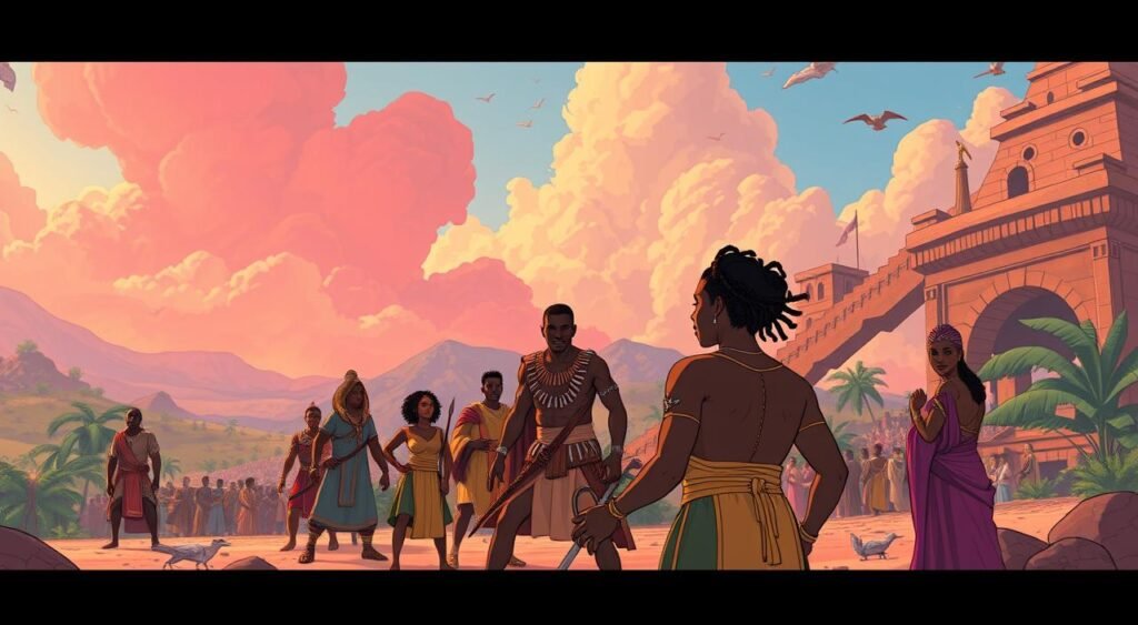 An image of an animated scene from Eyes of Wakanda, showcasing a historical moment in Wakanda's past. An image of an animated scene from Eyes of Wakanda, showcasing a historical moment in Wakanda's past.