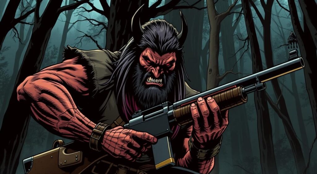 Create an image of Kraven the Hunter standing in a dark forest, with a hunting rifle in hand, looking menacing. Kraven, o Caçador, em pé em uma floresta escura, com um rifle de caça na mão, com aparência ameaçadora.