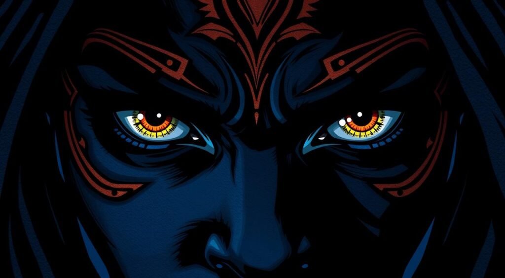 Dramatic close-up of a pair of intense, piercing eyes surrounded by intricate tribal patterns and vibrant hues of the Wakandan culture. The eyes are set against a subtly textured, deep midnight blue backdrop, creating a sense of mystery and power. Dramatic backlighting casts dramatic shadows, accentuating the piercing gaze and the intricate details of the eye makeup. The overall composition is balanced and visually striking, evoking the mystique and strength of the Wakandan protectors. Close dramático de um par de olhos intensos e penetrantes, cercados por padrões tribais intrincados e tons vibrantes da cultura wakandana. Os olhos contrastam com um fundo azul-escuro sutilmente texturizado, criando uma sensação de mistério e poder. A contraluz dramática projeta sombras impactantes, acentuando o olhar penetrante e os detalhes intrincados da maquiagem dos olhos. A composição geral é equilibrada e visualmente marcante, evocando a mística e a força dos protetores wakandanos.