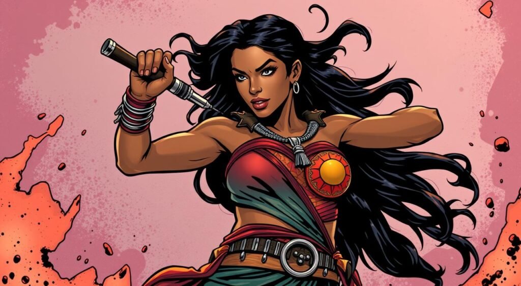 Generate an image of Alaqua Cox as Maya Lopez/Echo in a dynamic pose, highlighting her character's strength and cultural heritage. Generate an image of Alaqua Cox as Maya Lopez/Echo in a dynamic pose, highlighting her character's strength and cultural heritage.