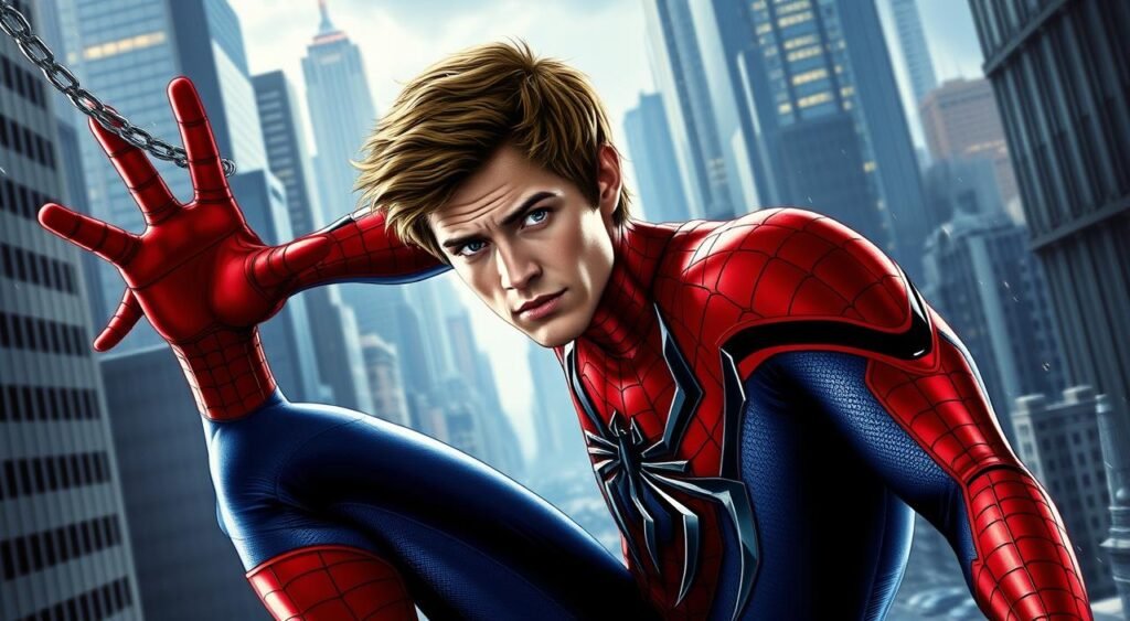 Generate an image of Andrew Garfield as Spider-Man in The Amazing Spider-Man 2. Andrew Garfield como Homem-Aranha em O Espetacular Homem-Aranha 2.