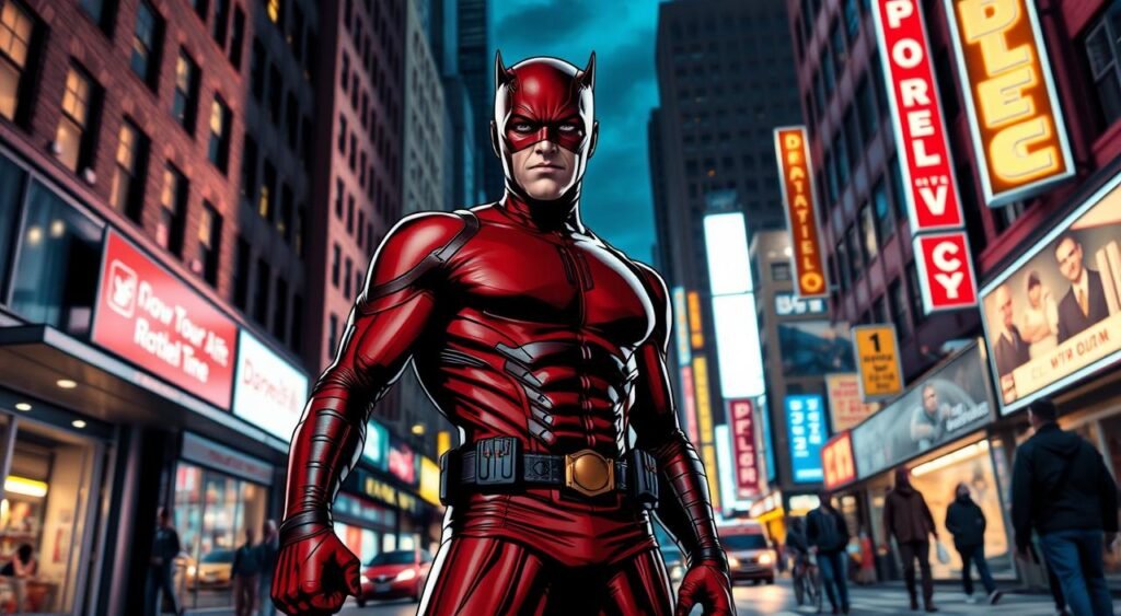 Generate an image of Daredevil standing in the streets of New York City Generate an image of Daredevil standing in the streets of New York City