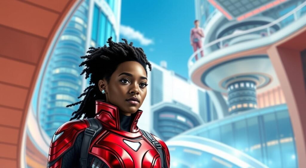 Generate an image of Dominique Thorne as Riri Williams/Ironheart in a futuristic MIT setting. Generate an image of Dominique Thorne as Riri Williams/Ironheart in a futuristic MIT setting.