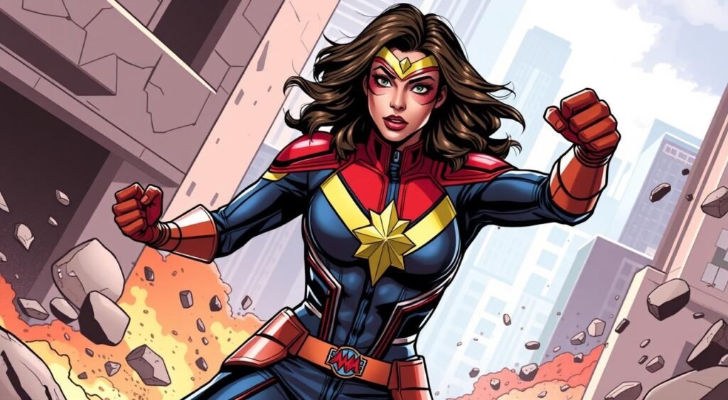 Generate an image of Iman Vellani as Ms. Marvel in a dynamic superhero pose. Generate an image of Iman Vellani as Ms. Marvel in a dynamic superhero pose.