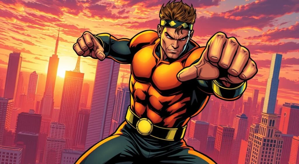 Generate an image of Iron Fist in a martial arts pose, with a cityscape in the background. Generate an image of Iron Fist in a martial arts pose, with a cityscape in the background.