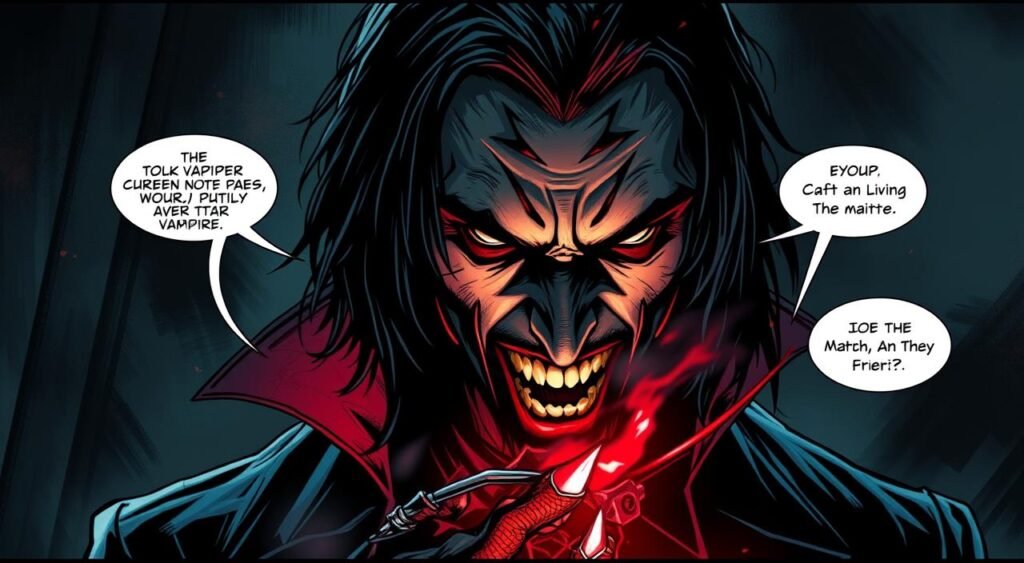 Generate an image of Jared Leto as Morbius, the Living Vampire, in a dark, gritty, and cinematic style. Jared Leto como Morbius, o Vampiro Vivo, em um estilo sombrio, corajoso e cinematográfico