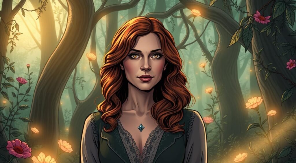 Generate an image of Kathryn Hahn as Agatha Harkness in a mystical forest. Generate an image of Kathryn Hahn as Agatha Harkness in a mystical forest.