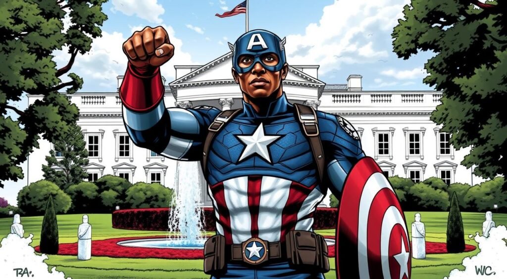 Generate an image of Sam Wilson in his Captain America suit standing in front of the White House. Generate an image of Sam Wilson in his Captain America suit standing in front of the White House.