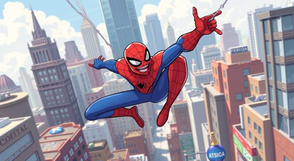 Generate an image of Spider-Man in a 2D animated style, swinging through a cityscape with a friendly demeanor. Generate an image of Spider-Man in a 2D animated style, swinging through a cityscape with a friendly demeanor.