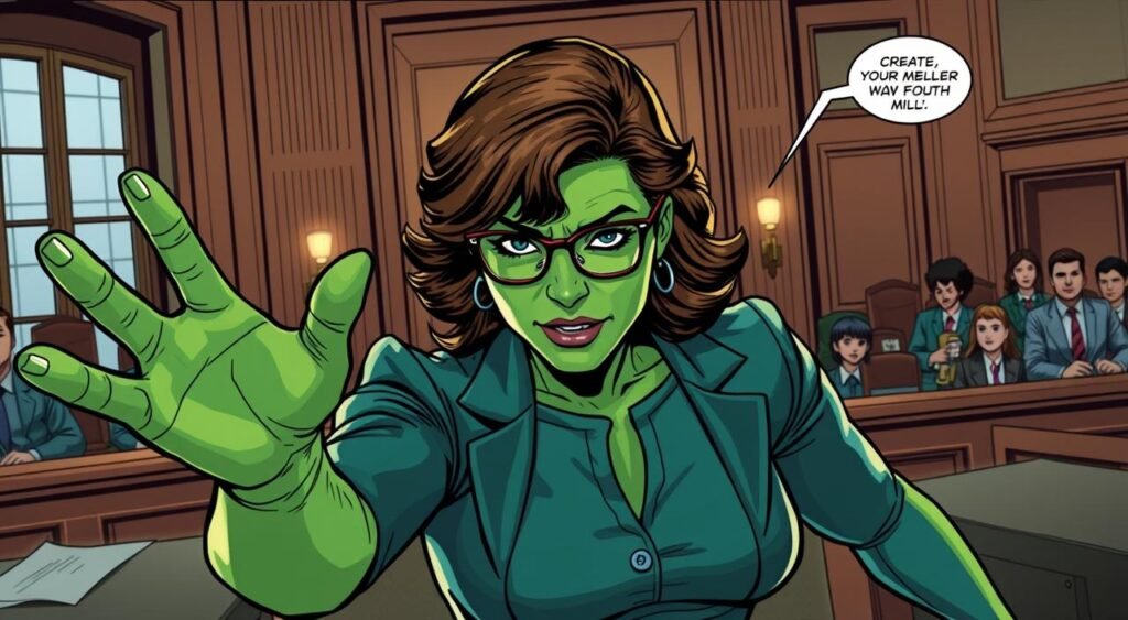 Generate an image of Tatiana Maslany as Jennifer Walters/She-Hulk in a courtroom setting, breaking the fourth wall. Generate an image of Tatiana Maslany as Jennifer Walters/She-Hulk in a courtroom setting, breaking the fourth wall.