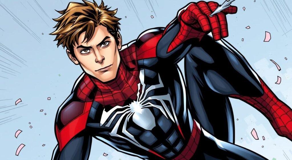 Generate an image of Tobey Maguire as Spider-Man in his iconic black suit. Tobey Maguire como Homem-Aranha em seu icônico traje preto.