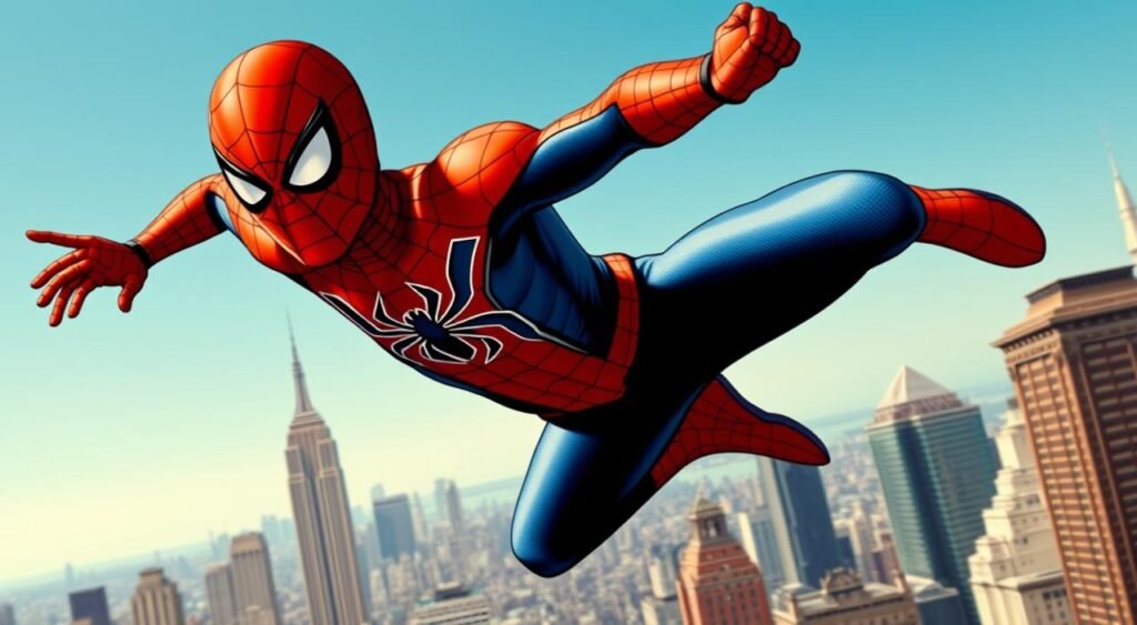 Generate an image of Tobey Maguire as Spider-Man swinging through Manhattan. Tobey Maguire como Homem-Aranha balançando por Manhattan.