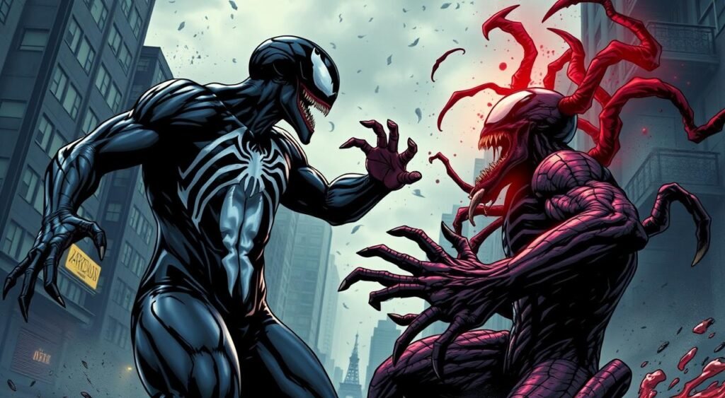 Generate an image of Tom Hardy as Eddie Brock with the Venom symbiote, facing off against Woody Harrelson's Carnage character in a dark, gritty cityscape. Tom Hardy como Eddie Brock com o simbionte Venom, enfrentando o personagem Carnificina de Woody Harrelson em uma paisagem urbana sombria e sombria.