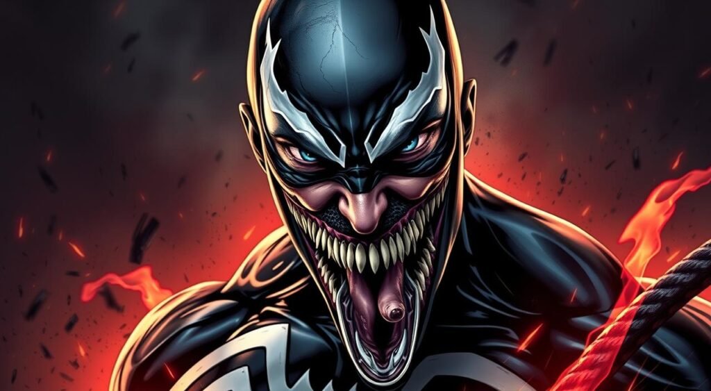 Generate an image of Tom Hardy as Venom in the 2018 movie. Generate an image of Tom Hardy as Venom in the 2018 movie.