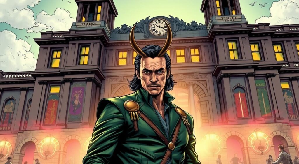 Generate an image of Tom Hiddleston as Loki standing in front of the Time Variance Authority headquarters. Generate an image of Tom Hiddleston as Loki standing in front of the Time Variance Authority headquarters.