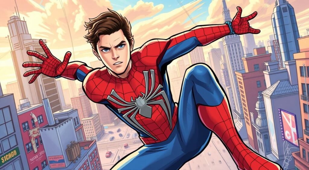 Generate an image of Tom Holland as Spider-Man in a new suit, with a cityscape in the background. Generate an image of Tom Holland as Spider-Man in a new suit, with a cityscape in the background.