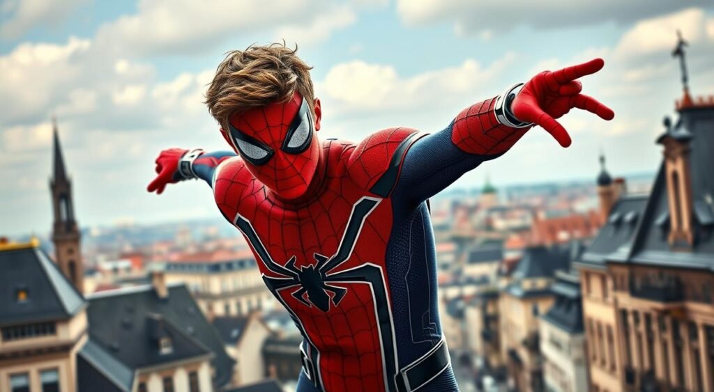 Generate an image of Tom Holland as Spider-Man standing in front of a European cityscape with a mix of real and illusory elements. Tom Holland como Homem-Aranha em frente a uma paisagem urbana europeia com uma mistura de elementos reais e ilusórios.