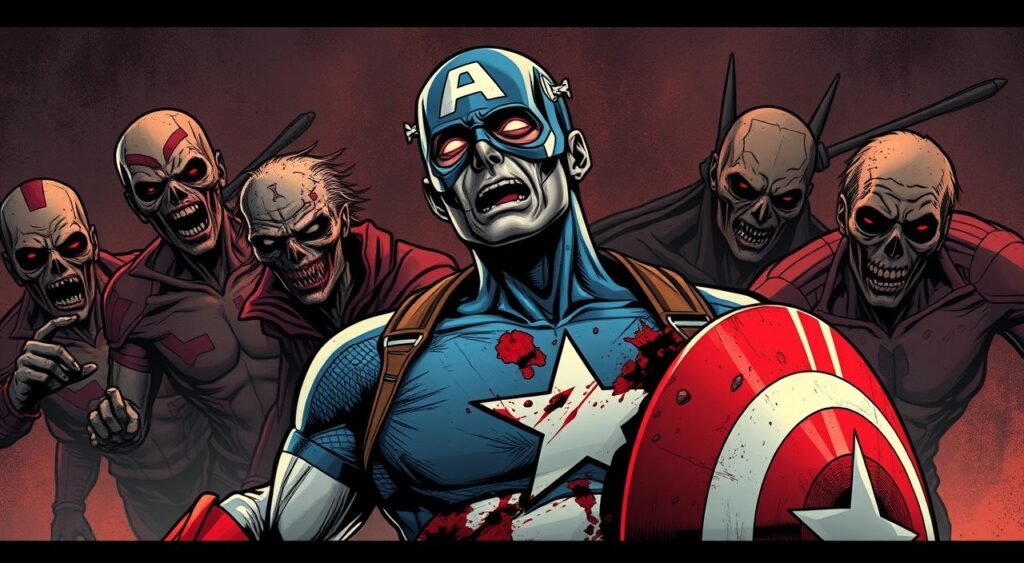 Generate an image of a zombie Captain America with a cut-off half-body, surrounded by other zombie Marvel heroes. Generate an image of a zombie Captain America with a cut-off half-body, surrounded by other zombie Marvel heroes.