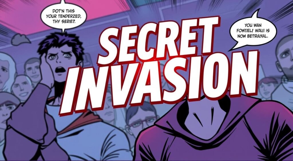 Generate an image of the Secret Invasion series logo with a disappointed fan in the background. Generate an image of the Secret Invasion series logo with a disappointed fan in the background.