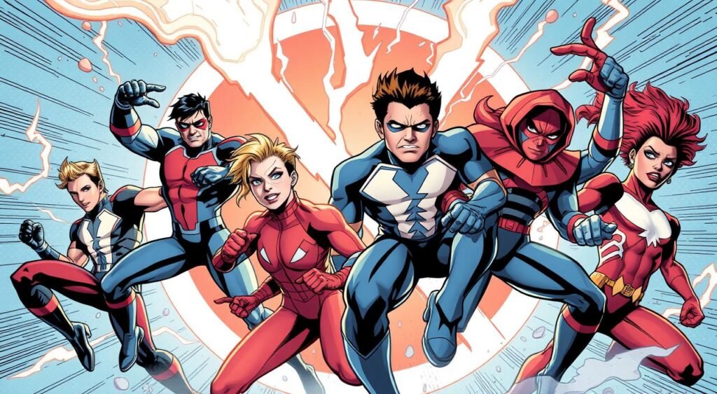 Generate an image of the Thunderbolts team in action, with a mysterious asterisk symbol in the background. Generate an image of the Thunderbolts team in action, with a mysterious asterisk symbol in the background.