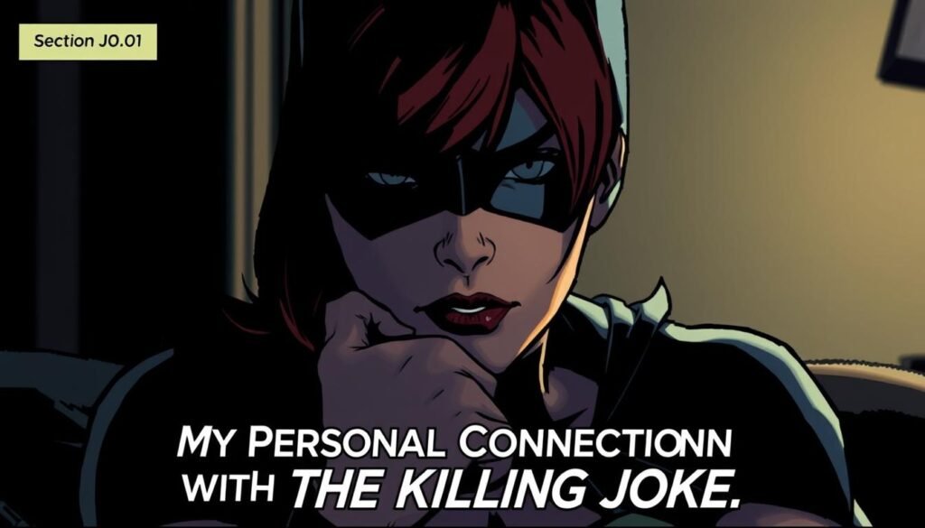 A close-up portrait of Barbara Gordon, the former Batgirl, sitting contemplatively in a dimly lit room. Her face is partially obscured by shadows, conveying a pensive, introspective mood. The lighting is soft and moody, creating a somber, intimate atmosphere. The background is blurred, placing the focus entirely on her thoughtful expression. Her iconic red hair and mask-like domino mask are visible, hinting at her superhero alter-ego. The overall composition and lighting evoke a sense of personal reflection, mirroring the section title "My Personal Connection with The Killing Joke". A close-up portrait of Barbara Gordon, the former Batgirl, sitting contemplatively in a dimly lit room. Her face is partially obscured by shadows, conveying a pensive, introspective mood. The lighting is soft and moody, creating a somber, intimate atmosphere. The background is blurred, placing the focus entirely on her thoughtful expression. Her iconic red hair and mask-like domino mask are visible, hinting at her superhero alter-ego. The overall composition and lighting evoke a sense of personal reflection, mirroring the section title "My Personal Connection with The Killing Joke".
