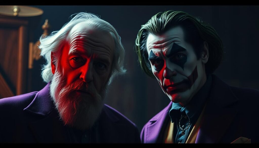 A dimly lit, cinematic portrait of Alan Moore and Brian Bolland, co-creators of the iconic Joker graphic novel "The Killing Joke". The two artists stand side by side, their faces cast in dramatic chiaroscuro lighting, conveying the dark, unsettling tone of their collaborative vision. Bolland's intricate linework and Moore's haunting narratives intertwine, creating a sense of unease and foreboding. The background is blurred, keeping the focus on the duo's intense expressions and the weight of their influential, controversial legacy on the world of comics. A dimly lit, cinematic portrait of Alan Moore and Brian Bolland, co-creators of the iconic Joker graphic novel "The Killing Joke". The two artists stand side by side, their faces cast in dramatic chiaroscuro lighting, conveying the dark, unsettling tone of their collaborative vision. Bolland's intricate linework and Moore's haunting narratives intertwine, creating a sense of unease and foreboding. The background is blurred, keeping the focus on the duo's intense expressions and the weight of their influential, controversial legacy on the world of comics.
