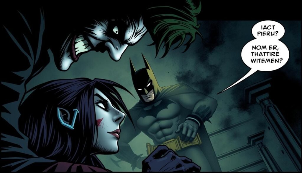 A dimly lit, gritty comic book panel showcasing a tense, controversial scene. In the foreground, the Joker looms menacingly over a distressed Batgirl, his sinister gaze and twisted smile casting an ominous shadow. The middle ground features a devastated Batman, his stoic expression betraying the emotional turmoil within. The background is hazy and ominous, with a sense of dread permeating the atmosphere. Harsh shadows and chiaroscuro lighting emphasize the dark, unsettling nature of the scene, capturing the essence of the Killing Joke's controversial impact on the characters and the comics industry. A dimly lit, gritty comic book panel showcasing a tense, controversial scene. In the foreground, the Joker looms menacingly over a distressed Batgirl, his sinister gaze and twisted smile casting an ominous shadow. The middle ground features a devastated Batman, his stoic expression betraying the emotional turmoil within. The background is hazy and ominous, with a sense of dread permeating the atmosphere. Harsh shadows and chiaroscuro lighting emphasize the dark, unsettling nature of the scene, capturing the essence of the Killing Joke's controversial impact on the characters and the comics industry.
