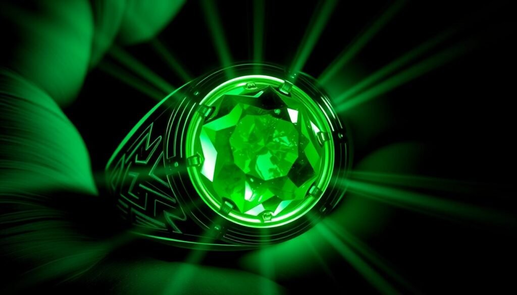 A dramatic close-up of the iconic Green Lantern power ring, casting an intense emerald glow against a dark, shadowy backdrop. The intricate ring design is meticulously detailed, with the distinct emerald gemstone at the center emanating a mesmerizing radiance. Rays of light pierce through the darkness, creating a sense of mystique and otherworldly power. The composition emphasizes the ring's symbolic significance, representing the strength, willpower, and determination of Hal Jordan, the fallen Green Lantern at the heart of the "Emerald Twilight" saga. A dramatic close-up of the iconic Green Lantern power ring, casting an intense emerald glow against a dark, shadowy backdrop. The intricate ring design is meticulously detailed, with the distinct emerald gemstone at the center emanating a mesmerizing radiance. Rays of light pierce through the darkness, creating a sense of mystique and otherworldly power. The composition emphasizes the ring's symbolic significance, representing the strength, willpower, and determination of Hal Jordan, the fallen Green Lantern at the heart of the "Emerald Twilight" saga.