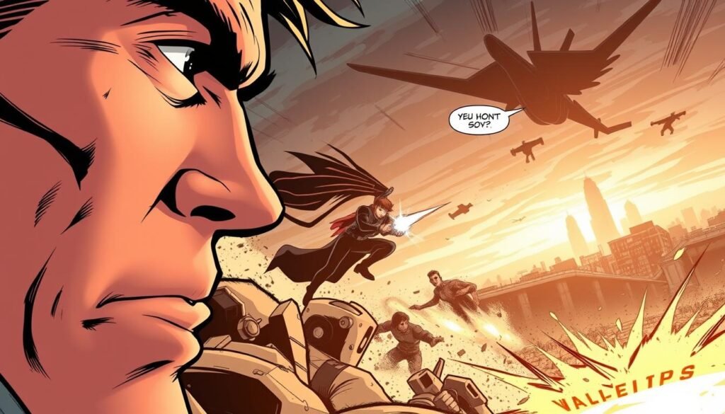 A dynamic comic book panel showcasing the artistry of visual storytelling. In the foreground, a close-up of a character's expressive face, conveying complex emotions through subtle details. The middle ground features a sweeping action sequence, with dynamic compositions and dramatic lighting, drawing the viewer's eye through the frame. In the background, an atmospheric cityscape or landscape sets the scene, hinting at the broader narrative. The overall aesthetic blends bold linework, rich colors, and a cinematic sense of framing, immersing the viewer in the captivating world of the graphic novel medium. A dynamic comic book panel showcasing the artistry of visual storytelling. In the foreground, a close-up of a character's expressive face, conveying complex emotions through subtle details. The middle ground features a sweeping action sequence, with dynamic compositions and dramatic lighting, drawing the viewer's eye through the frame. In the background, an atmospheric cityscape or landscape sets the scene, hinting at the broader narrative. The overall aesthetic blends bold linework, rich colors, and a cinematic sense of framing, immersing the viewer in the captivating world of the graphic novel medium.