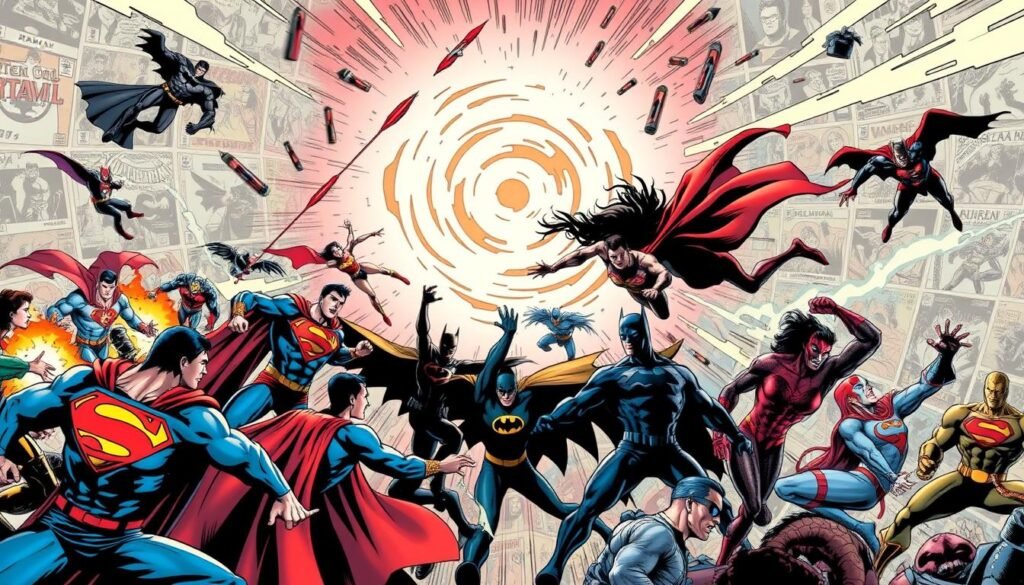 A dynamic, comic-inspired scene depicting the iconic DC Comics reboots of the 1990s. In the foreground, a dramatic clash of heroes and villains, with iconic characters like Superman, Batman, and Wonder Woman engaged in an intense battle. The middle ground features a swirling vortex of energy, symbolizing the transformative events that reshaped the DC universe. In the background, a collage of comic book covers and panels, showcasing the bold new directions taken by classic heroes and storylines. Vibrant colors, dynamic poses, and a sense of cinematic grandeur capture the bold, experimental spirit of this pivotal era in comic book history. A dynamic, comic-inspired scene depicting the iconic DC Comics reboots of the 1990s. In the foreground, a dramatic clash of heroes and villains, with iconic characters like Superman, Batman, and Wonder Woman engaged in an intense battle. The middle ground features a swirling vortex of energy, symbolizing the transformative events that reshaped the DC universe. In the background, a collage of comic book covers and panels, showcasing the bold new directions taken by classic heroes and storylines. Vibrant colors, dynamic poses, and a sense of cinematic grandeur capture the bold, experimental spirit of this pivotal era in comic book history.