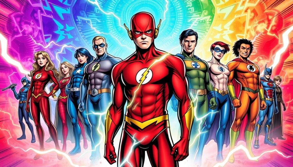 A dynamic ensemble of Wally West's closest allies and mentors, depicted in a vibrant, comic book-inspired style. In the foreground, Wally stands tall, his crimson uniform and lightning-infused aura conveying his mastery of the Speed Force. Surrounding him are the iconic figures of the Flash legacy - Iris West, Barry Allen, and Jay Garrick - each captured in heroic poses, their expressions reflecting the support and guidance they provide Wally on his journey. In the middle ground, a collage of supporting characters from the Titans and Justice League, including Dick Grayson, Donna Troy, and Zatanna, all united in their unwavering belief in Wally's potential. The background features a kaleidoscopic interplay of vibrant Speed Force energy, hinting at the vast expanse of power Wally commands. A dynamic ensemble of Wally West's closest allies and mentors, depicted in a vibrant, comic book-inspired style. In the foreground, Wally stands tall, his crimson uniform and lightning-infused aura conveying his mastery of the Speed Force. Surrounding him are the iconic figures of the Flash legacy - Iris West, Barry Allen, and Jay Garrick - each captured in heroic poses, their expressions reflecting the support and guidance they provide Wally on his journey. In the middle ground, a collage of supporting characters from the Titans and Justice League, including Dick Grayson, Donna Troy, and Zatanna, all united in their unwavering belief in Wally's potential. The background features a kaleidoscopic interplay of vibrant Speed Force energy, hinting at the vast expanse of power Wally commands.
