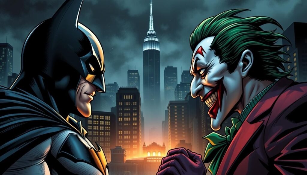 A dynamic scene of Batman and the Joker locked in a tense ethical standoff. In the foreground, the two adversaries face each other, their expressions conveying a battle of wills and conflicting moral philosophies. Batman's stern, unwavering gaze contrasts with the Joker's unsettling grin, hinting at the madness and chaos he represents. The middle ground is charged with a sense of impending confrontation, as if the very air crackles with the intensity of their clash. In the background, a dimly lit Gotham City skyline sets the stage, its towering buildings and gloomy atmosphere mirroring the moral quandary unfolding before us. Dramatic lighting casts sharp shadows, heightening the sense of drama and the weight of the choices that hang in the balance. A dynamic scene of Batman and the Joker locked in a tense ethical standoff. In the foreground, the two adversaries face each other, their expressions conveying a battle of wills and conflicting moral philosophies. Batman's stern, unwavering gaze contrasts with the Joker's unsettling grin, hinting at the madness and chaos he represents. The middle ground is charged with a sense of impending confrontation, as if the very air crackles with the intensity of their clash. In the background, a dimly lit Gotham City skyline sets the stage, its towering buildings and gloomy atmosphere mirroring the moral quandary unfolding before us. Dramatic lighting casts sharp shadows, heightening the sense of drama and the weight of the choices that hang in the balance.