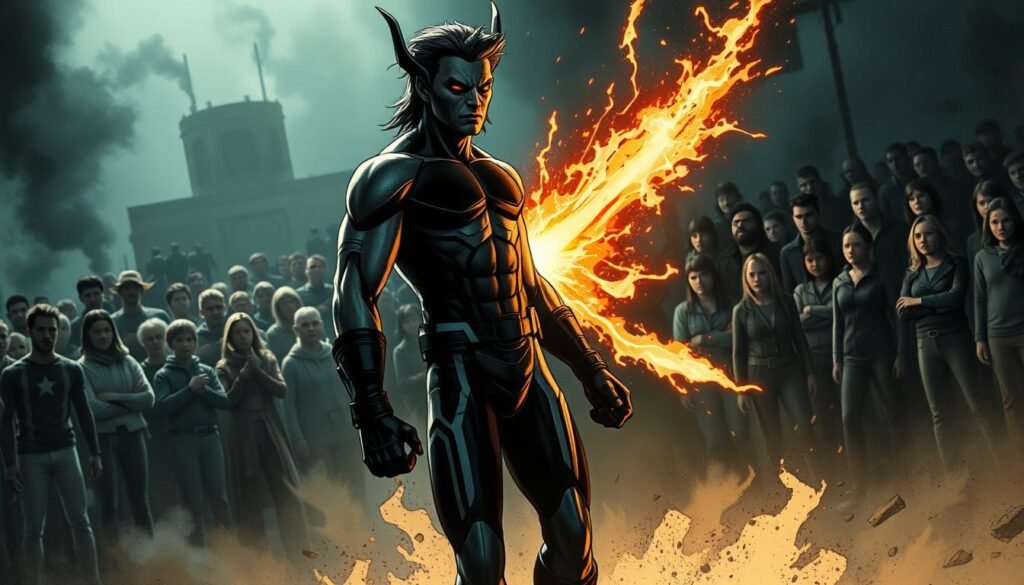 A gritty, cinematic scene depicting the powerful impact of graphic narratives on the representation of mutants. In the foreground, a mutant hero stands resolute, their mutation manifest in a dramatic display of energy or abilities. Behind them, a crowd of onlookers - some fearful, some awed - bearing witness to this powerful visual statement. The lighting is dramatic, with deep shadows and stark contrasts, capturing the gravity and intensity of the moment. The composition is dynamic, with angles and perspectives that draw the viewer into the scene, immersing them in the mutant's struggle for acceptance and understanding. The mood is one of defiance, hope, and the transformative potential of the graphic form. A gritty, cinematic scene depicting the powerful impact of graphic narratives on the representation of mutants. In the foreground, a mutant hero stands resolute, their mutation manifest in a dramatic display of energy or abilities. Behind them, a crowd of onlookers - some fearful, some awed - bearing witness to this powerful visual statement. The lighting is dramatic, with deep shadows and stark contrasts, capturing the gravity and intensity of the moment. The composition is dynamic, with angles and perspectives that draw the viewer into the scene, immersing them in the mutant's struggle for acceptance and understanding. The mood is one of defiance, hope, and the transformative potential of the graphic form.