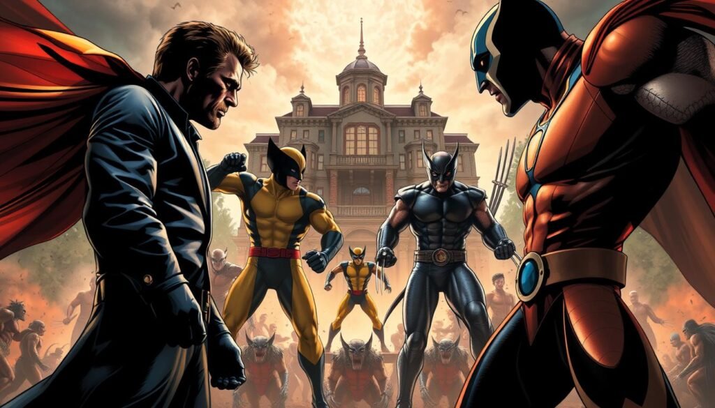 A large, cinematic scene showcasing a confrontation between X-Men heroes and their archetypal villains. In the foreground, Professor X and Magneto stand face-to-face, locked in a tense standoff, their powers and ideologies clashing. Behind them, Cyclops and Wolverine battle Sabretooth and Mystique, their dynamic movements and contrasting abilities on full display. In the background, the X-Mansion stands tall, a beacon of hope amidst the chaos. The lighting is dramatic, with shadows and highlights accentuating the physicality and emotional intensity of the characters. The overall atmosphere conveys the high-stakes struggle between those who champion acceptance and those who seek to oppress. The scene is captured from a low angle, emphasizing the larger-than-life nature of these iconic figures. A large, cinematic scene showcasing a confrontation between X-Men heroes and their archetypal villains. In the foreground, Professor X and Magneto stand face-to-face, locked in a tense standoff, their powers and ideologies clashing. Behind them, Cyclops and Wolverine battle Sabretooth and Mystique, their dynamic movements and contrasting abilities on full display. In the background, the X-Mansion stands tall, a beacon of hope amidst the chaos. The lighting is dramatic, with shadows and highlights accentuating the physicality and emotional intensity of the characters. The overall atmosphere conveys the high-stakes struggle between those who champion acceptance and those who seek to oppress. The scene is captured from a low angle, emphasizing the larger-than-life nature of these iconic figures.