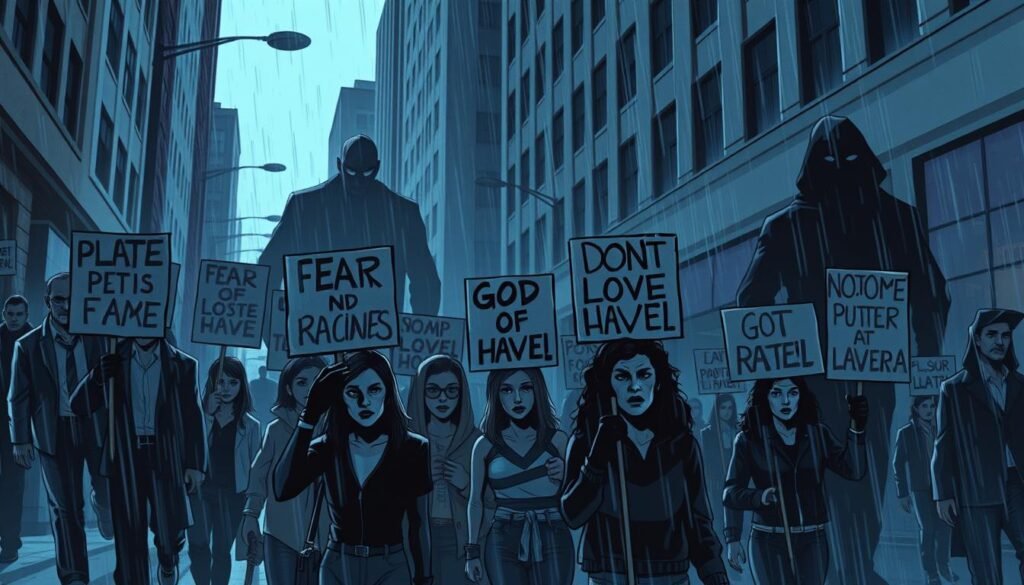 A somber city street, rain-soaked and dimly lit, casting long shadows. In the foreground, a group of protesters brandish signs of fear and hatred, their faces twisted with prejudice. Shadowy figures loom in the background, their malevolent intent palpable. The scene is bathed in a cold, blue-gray hue, evoking a sense of unease and oppression. Lens flares and a shallow depth of field heighten the sense of tension and isolation. This image captures the pervasive themes of intolerance, discrimination, and the struggle for acceptance that lie at the heart of the "X-Men: God Loves, Man Kills" graphic novel. A somber city street, rain-soaked and dimly lit, casting long shadows. In the foreground, a group of protesters brandish signs of fear and hatred, their faces twisted with prejudice. Shadowy figures loom in the background, their malevolent intent palpable. The scene is bathed in a cold, blue-gray hue, evoking a sense of unease and oppression. Lens flares and a shallow depth of field heighten the sense of tension and isolation. This image captures the pervasive themes of intolerance, discrimination, and the struggle for acceptance that lie at the heart of the "X-Men: God Loves, Man Kills" graphic novel.