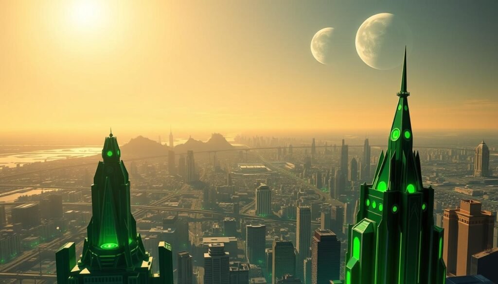 A sweeping vista of the iconic Green Lantern Corps headquarters, Coast City, bathed in a warm, emerald glow. In the foreground, the magnificent, towering structures of the Green Lantern Corps gleam with an otherworldly energy, their angular architecture a testament to alien ingenuity. In the middle ground, the bustling cityscape of Coast City unfolds, its skyscrapers and highways a patchwork of light and shadow. In the distance, the horizon is dominated by the twin moons of Oa, casting a serene, otherworldly light over the scene. The entire composition is infused with a sense of wonder and adventure, capturing the grandeur and majesty of the Green Lantern mythos. A sweeping vista of the iconic Green Lantern Corps headquarters, Coast City, bathed in a warm, emerald glow. In the foreground, the magnificent, towering structures of the Green Lantern Corps gleam with an otherworldly energy, their angular architecture a testament to alien ingenuity. In the middle ground, the bustling cityscape of Coast City unfolds, its skyscrapers and highways a patchwork of light and shadow. In the distance, the horizon is dominated by the twin moons of Oa, casting a serene, otherworldly light over the scene. The entire composition is infused with a sense of wonder and adventure, capturing the grandeur and majesty of the Green Lantern mythos.