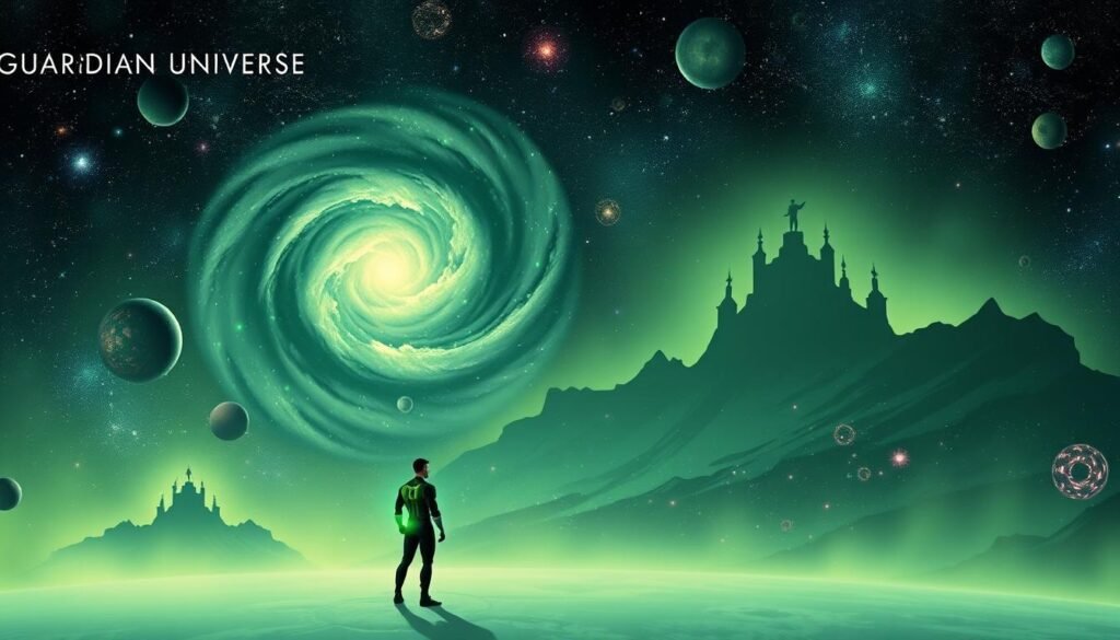 A vast cosmic expanse, the Guardians Universe, teeming with celestial bodies and the ethereal glow of cosmic energy. In the foreground, a lone Green Lantern Corps member, their emerald power ring emanating a vibrant radiance, stands as a beacon of hope and duty. In the middle ground, a swirling vortex of galaxies and nebulae, hinting at the vast, interconnected nature of this expansive realm. In the distant background, the silhouettes of towering, enigmatic Guardians of the Universe loom, their presence commanding reverence and awe. Illuminated by a soft, diffused light, the scene conveys a sense of grandeur, legacy, and the profound impact of the Guardians' influence on the DC Universe. A vast cosmic expanse, the Guardians Universe, teeming with celestial bodies and the ethereal glow of cosmic energy. In the foreground, a lone Green Lantern Corps member, their emerald power ring emanating a vibrant radiance, stands as a beacon of hope and duty. In the middle ground, a swirling vortex of galaxies and nebulae, hinting at the vast, interconnected nature of this expansive realm. In the distant background, the silhouettes of towering, enigmatic Guardians of the Universe loom, their presence commanding reverence and awe. Illuminated by a soft, diffused light, the scene conveys a sense of grandeur, legacy, and the profound impact of the Guardians' influence on the DC Universe.