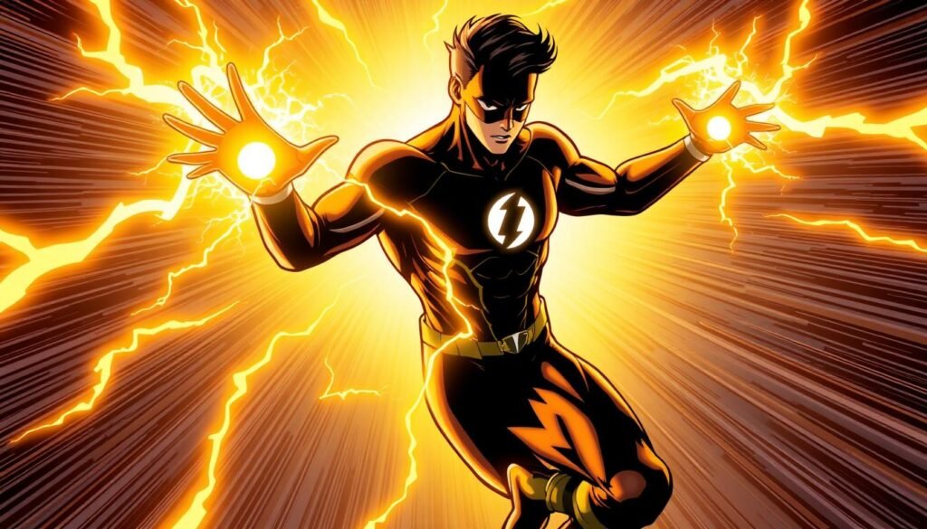 Wally West power transformations: A dynamic figure in a charged aura, hands ablaze with lightning, body mid-motion against a swirling backdrop of speed force energy. Shimmering golden trails weave through the frame, conveying a sense of accelerated movement and mastery over time. Dramatic backlighting casts a heroic silhouette, while subtle details in the costume design hint at Wally's evolving abilities. The composition emphasizes power, momentum, and the character's deep connection to the Speed Force - a visual embodiment of the section's exploration of Terminal Velocity and Wally's transformative journey. Wally West power transformations: A dynamic figure in a charged aura, hands ablaze with lightning, body mid-motion against a swirling backdrop of speed force energy. Shimmering golden trails weave through the frame, conveying a sense of accelerated movement and mastery over time. Dramatic backlighting casts a heroic silhouette, while subtle details in the costume design hint at Wally's evolving abilities. The composition emphasizes power, momentum, and the character's deep connection to the Speed Force - a visual embodiment of the section's exploration of Terminal Velocity and Wally's transformative journey.