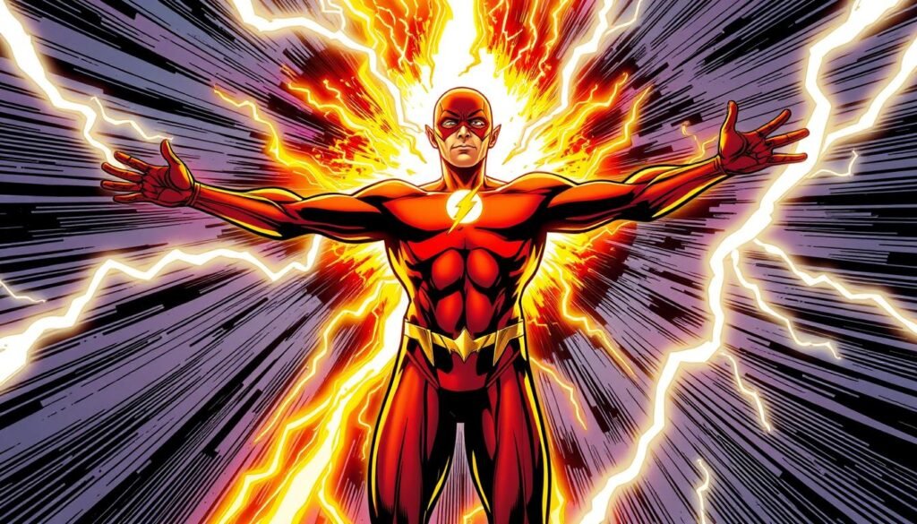 Wally West, the Flash, stands with his arms outstretched, his body enveloped in a radiant, electric aura as he taps into the powerful Speed Force. Swirling currents of energy and lightning dance around him, creating a sense of kinetic motion and raw power. The background is a swirling vortex of colors, hinting at the vast, cosmic nature of the Speed Force. The lighting is dramatic, with strong contrasts and highlights, emphasizing the intensity of Wally's connection to this extraordinary source of speed and power. The camera angle is slightly low, giving the viewer a sense of awe and grandeur, as if witnessing a truly remarkable and transformative moment. Wally West, the Flash, stands with his arms outstretched, his body enveloped in a radiant, electric aura as he taps into the powerful Speed Force. Swirling currents of energy and lightning dance around him, creating a sense of kinetic motion and raw power. The background is a swirling vortex of colors, hinting at the vast, cosmic nature of the Speed Force. The lighting is dramatic, with strong contrasts and highlights, emphasizing the intensity of Wally's connection to this extraordinary source of speed and power. The camera angle is slightly low, giving the viewer a sense of awe and grandeur, as if witnessing a truly remarkable and transformative moment.