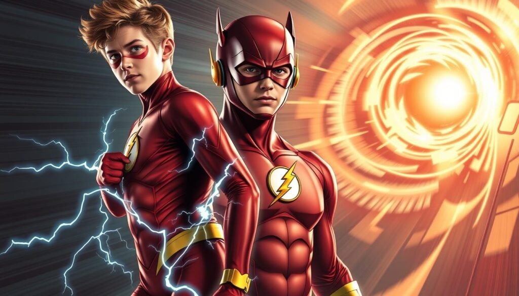Wally West's transformation from Kid Flash to The Flash, a dynamic progression captured in a cinematic portrait. In the foreground, a youthful Wally dons the iconic Kid Flash costume, electricity crackling around him as he prepares to unleash his speed. In the middle ground, the suit evolves, the colors shifting to the unmistakable Flash ensemble, Wally's expression reflecting the weight of his newfound responsibilities. The background showcases the speed force, a swirling vortex of energy, hinting at the depths of power Wally will harness on his journey. Dramatic lighting casts dramatic shadows, emphasizing the intensity of the moment. A masterful blend of action, character, and symbolic evolution, this image captures the essence of Wally West's transformation into the Scarlet Speedster. Wally West's transformation from Kid Flash to The Flash, a dynamic progression captured in a cinematic portrait. In the foreground, a youthful Wally dons the iconic Kid Flash costume, electricity crackling around him as he prepares to unleash his speed. In the middle ground, the suit evolves, the colors shifting to the unmistakable Flash ensemble, Wally's expression reflecting the weight of his newfound responsibilities. The background showcases the speed force, a swirling vortex of energy, hinting at the depths of power Wally will harness on his journey. Dramatic lighting casts dramatic shadows, emphasizing the intensity of the moment. A masterful blend of action, character, and symbolic evolution, this image captures the essence of Wally West's transformation into the Scarlet Speedster.