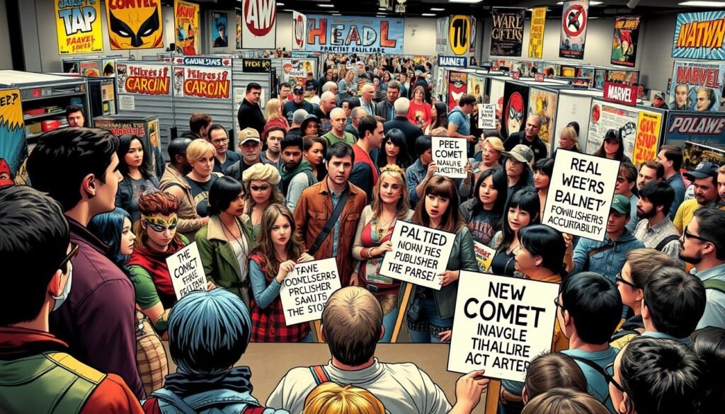 A bustling comic book convention, with costumed fans gathered around a makeshift stage. In the foreground, a group of activists passionately address the crowd, their faces lit by the warm glow of stage lights. In the middle ground, attendees listen intently, some holding picket signs demanding publisher accountability. The background is a blur of colorful booths, iconic comic book art, and the energy of a dedicated fanbase. The scene conveys a sense of grassroots activism, as the fans unite to voice their concerns and drive change within the industry they love. A bustling comic book convention, with costumed fans gathered around a makeshift stage. In the foreground, a group of activists passionately address the crowd, their faces lit by the warm glow of stage lights. In the middle ground, attendees listen intently, some holding picket signs demanding publisher accountability. The background is a blur of colorful booths, iconic comic book art, and the energy of a dedicated fanbase. The scene conveys a sense of grassroots activism, as the fans unite to voice their concerns and drive change within the industry they love.