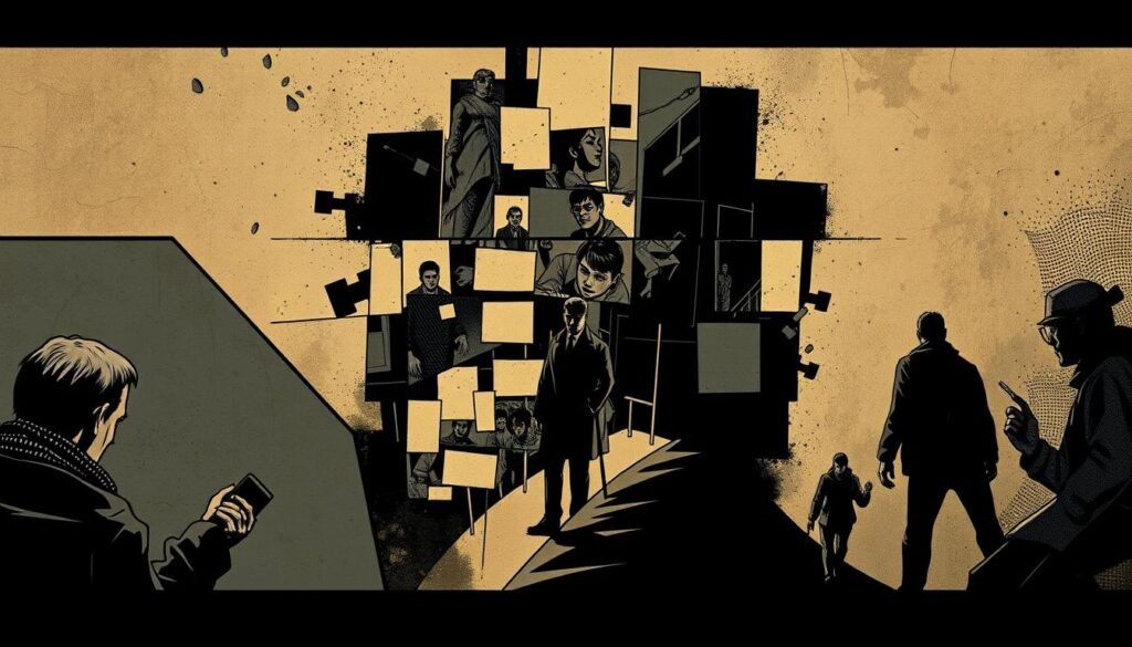 A cinematic comic panel layout showcasing diverse narrative techniques for unreliable narration. In the foreground, a bold panel configuration with sharp angles and dynamic perspectives, guiding the viewer's eye through ambiguous visual cues. The middle ground features a collage of fragmented panels, hinting at the disjointed nature of the storytelling. In the background, a muted color palette and subtle textures evoke a sense of uncertainty, as if the very foundations of the narrative are shifting. Dramatic lighting casts dramatic shadows, heightening the sense of unease and mystery. The overall composition conveys the unsettling nature of unreliable narration, inviting the viewer to question the reliability of the visual information presented. A cinematic comic panel layout showcasing diverse narrative techniques for unreliable narration. In the foreground, a bold panel configuration with sharp angles and dynamic perspectives, guiding the viewer's eye through ambiguous visual cues. The middle ground features a collage of fragmented panels, hinting at the disjointed nature of the storytelling. In the background, a muted color palette and subtle textures evoke a sense of uncertainty, as if the very foundations of the narrative are shifting. Dramatic lighting casts dramatic shadows, heightening the sense of unease and mystery. The overall composition conveys the unsettling nature of unreliable narration, inviting the viewer to question the reliability of the visual information presented.