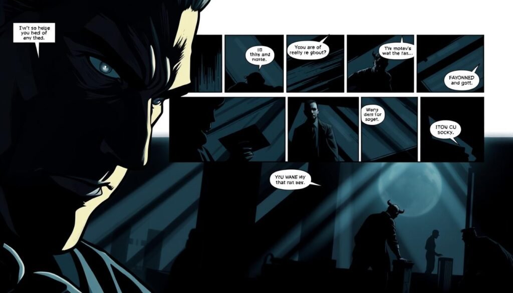 A cinematic, high-contrast panel composition showcasing the art of sequential storytelling. In the foreground, a close-up of an expressive character's face, their eyes narrowed with intensity. The middle ground features a series of dynamic panels, each capturing a pivotal moment in the narrative, framed by geometric shapes and dramatic shadows. In the background, a shadowy, moody environment sets the tone, hinting at the story's ominous undercurrents. The lighting is theatrical, with shafts of light cutting through the darkness, guiding the viewer's gaze through the composition. The overall effect is one of tension, anticipation, and the illusion of movement, capturing the essence of foreshadowing in long-form comics art. A cinematic, high-contrast panel composition showcasing the art of sequential storytelling. In the foreground, a close-up of an expressive character's face, their eyes narrowed with intensity. The middle ground features a series of dynamic panels, each capturing a pivotal moment in the narrative, framed by geometric shapes and dramatic shadows. In the background, a shadowy, moody environment sets the tone, hinting at the story's ominous undercurrents. The lighting is theatrical, with shafts of light cutting through the darkness, guiding the viewer's gaze through the composition. The overall effect is one of tension, anticipation, and the illusion of movement, capturing the essence of foreshadowing in long-form comics art.