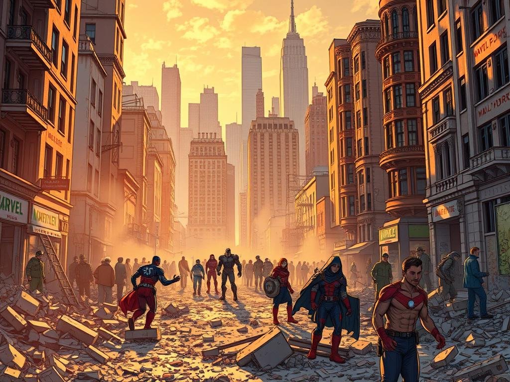A cityscape bathed in warm, golden light, the streets teeming with Marvel superheroes and citizens working together to rebuild a war-torn landscape. In the foreground, rubble and debris are cleared away, revealing the first signs of restoration - freshly painted buildings, repaired infrastructure, and a sense of hope. In the middle ground, heroes in iconic costumes lend their strength and abilities to the reconstruction efforts, using their powers to lift heavy objects, repair damaged structures, and provide aid to the community. In the distant background, the iconic skyline of a Marvel metropolis, such as New York City, emerges, its skyscrapers still bearing the scars of battle but standing tall, a testament to the resilience of Earth's mightiest defenders. A cityscape bathed in warm, golden light, the streets teeming with Marvel superheroes and citizens working together to rebuild a war-torn landscape. In the foreground, rubble and debris are cleared away, revealing the first signs of restoration - freshly painted buildings, repaired infrastructure, and a sense of hope. In the middle ground, heroes in iconic costumes lend their strength and abilities to the reconstruction efforts, using their powers to lift heavy objects, repair damaged structures, and provide aid to the community. In the distant background, the iconic skyline of a Marvel metropolis, such as New York City, emerges, its skyscrapers still bearing the scars of battle but standing tall, a testament to the resilience of Earth's mightiest defenders.