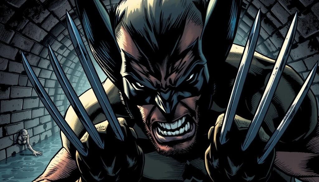 A close-up of Wolverine, claws extended, emerging from a dark, gritty sewer, his face a mask of intense determination. The lighting is dramatic, casting deep shadows and highlights across his rugged features. The background is a maze of crumbling brick walls and murky water, creating a sense of claustrophobia and danger. Wolverine's pose is powerful and dynamic, conveying the character's iconic ferocity and the shock of his unexpected appearance. The overall tone is one of suspense, foreboding, and the impending thrill of action. A close-up of Wolverine, claws extended, emerging from a dark, gritty sewer, his face a mask of intense determination. The lighting is dramatic, casting deep shadows and highlights across his rugged features. The background is a maze of crumbling brick walls and murky water, creating a sense of claustrophobia and danger. Wolverine's pose is powerful and dynamic, conveying the character's iconic ferocity and the shock of his unexpected appearance. The overall tone is one of suspense, foreboding, and the impending thrill of action.